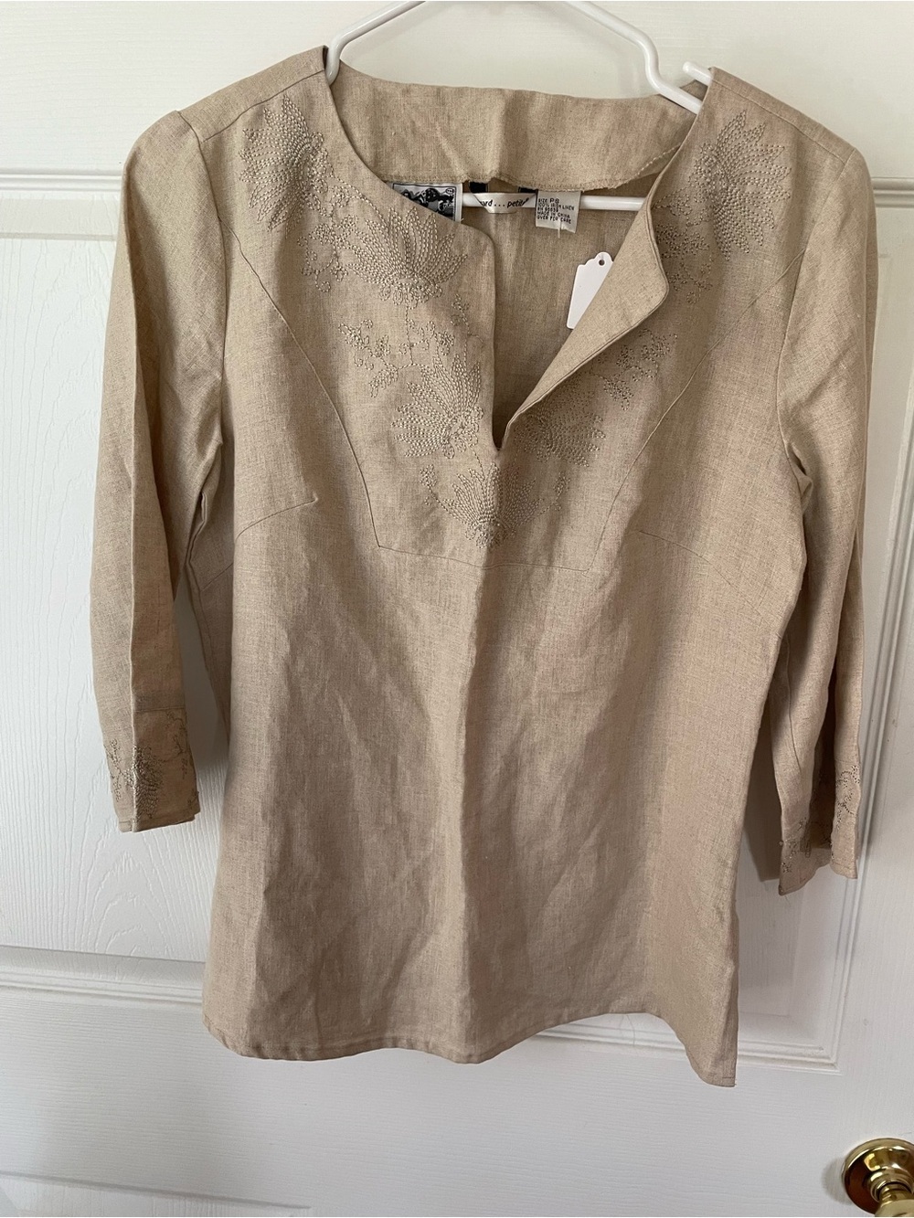 Edward Petite Irish Linen Embroidered Beaded Floral Top Tunic Flax PS Cottage